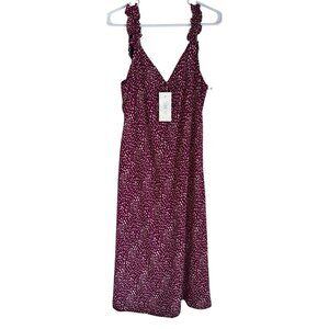NWT Sienna Sky Smocked Midi Slip Sundress Sz L Purple Beige Polka Dots Ruffle